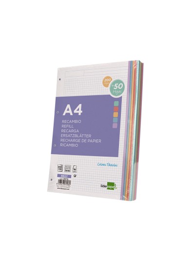 Recambio liderpapel a4 200+50 hojas 90g/m2 cuadro 5 mm 4 taladros bandas de 5 colores