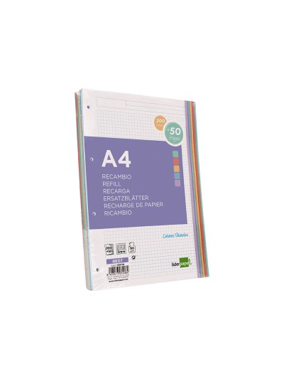 Recambio liderpapel a4 200+50 hojas 90g/m2 cuadro 5 mm 4 taladros bandas de 5 colores