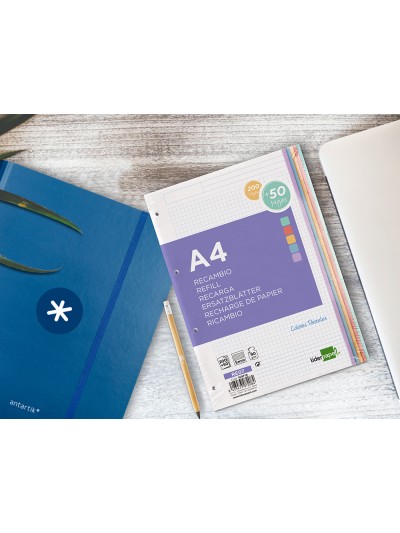 Recambio liderpapel a4 200+50 hojas 90g/m2 cuadro 5 mm 4 taladros bandas de 5 colores
