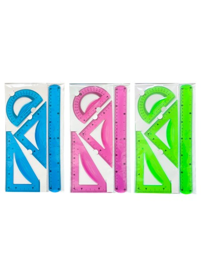 Juego escuadra 21 cm cartabon 21 cm regla 30 cm y semicirculo plastico flexible en petaca liderpapel colores