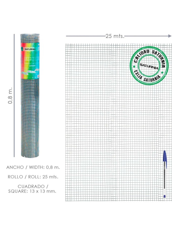 Malla Electrosoldada Galvanizada 13x13 / 80 cm. Rollo 25 Metros Uso Domestico