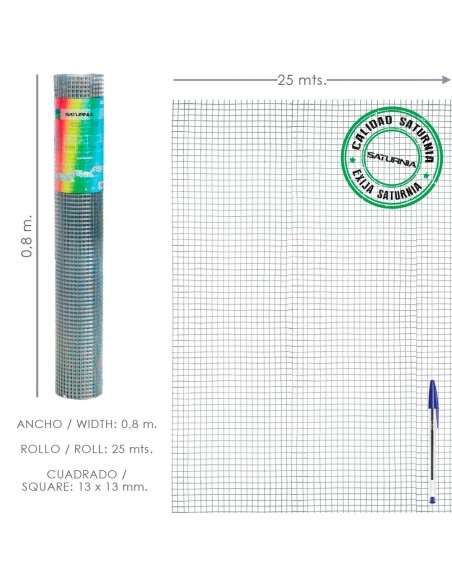 Malla Electrosoldada Galvanizada 13x13 / 80 cm. Rollo 25 Metros Uso Domestico