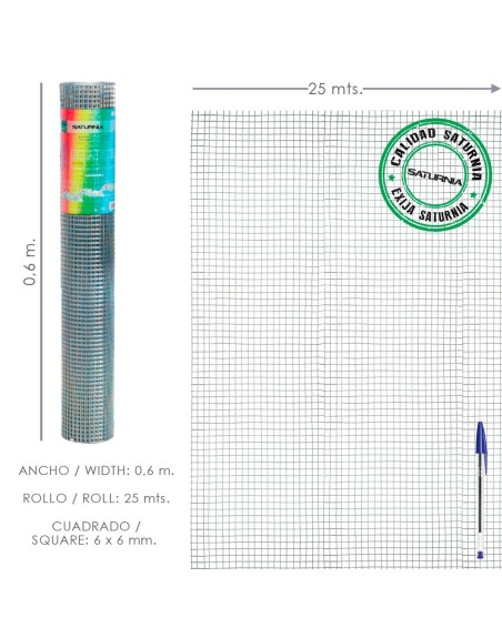 Malla Electrosoldada Galvanizada 6x6 / 60 cm. Rollo 25 Metros Uso Domestico
