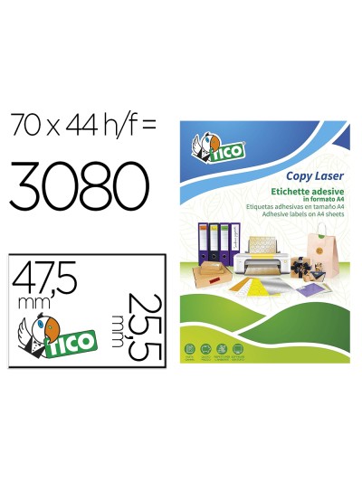 Etiqueta adhesiva tico amarill o fluorescentes permanente fsclaser/inkjet/fotocopia 47,5x25,5 mm caja de 3080 unidades