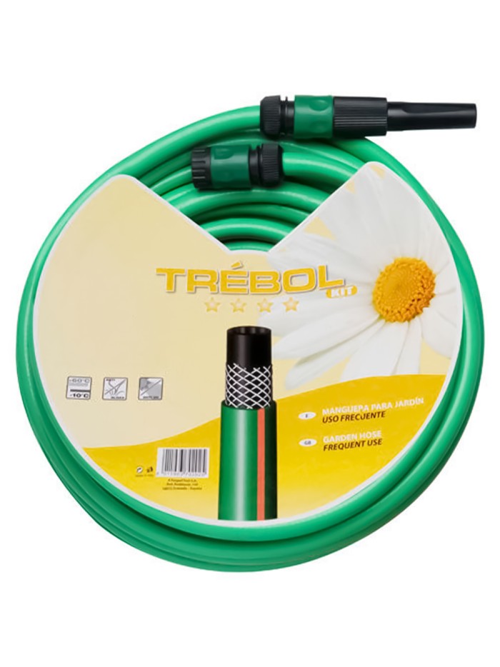 Manguera Verde Trebol Trenzado 15 mm. - 5/8" Rollo 15 metros Con Accesorios