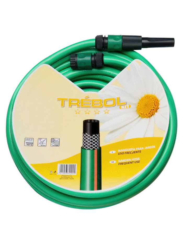 Manguera Verde Trebol Trenzado 15 mm. - 5/8" Rollo 25 metros Con Accesorios