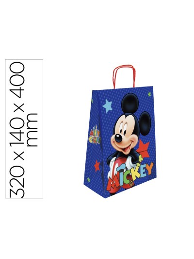 Bolsa para regalo basika papel celulosa 90 gr mickey con asa retorcida tamaño l 320x140x400 mm