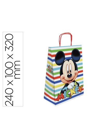 Bolsa para regalo basika papel celulosa 90 gr mickey con asa retorcida tamaño s 240x100x320mm
