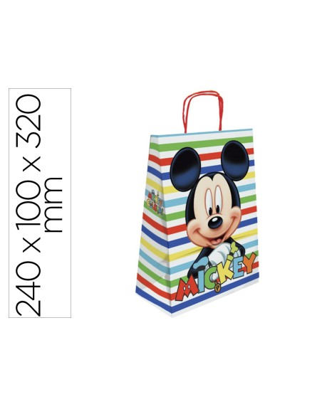 Bolsa para regalo basika papel celulosa 90 gr mickey con asa retorcida tamaño s 240x100x320mm
