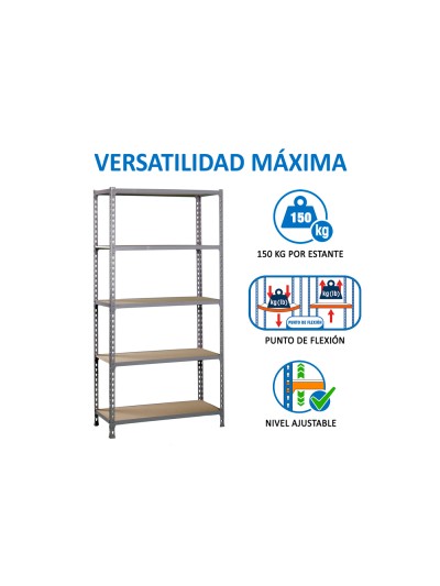Estanteria metalica simonrack kit maderclick mini 5/400 color gris/madera 5 estantes 150 kg por estante 180x80x40cm