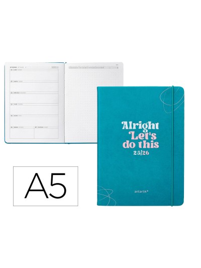Agenda escolar antartik 25-26 encuadernada go! simil piel verde semana vista a5 bilingüe papel fsc 80 gr