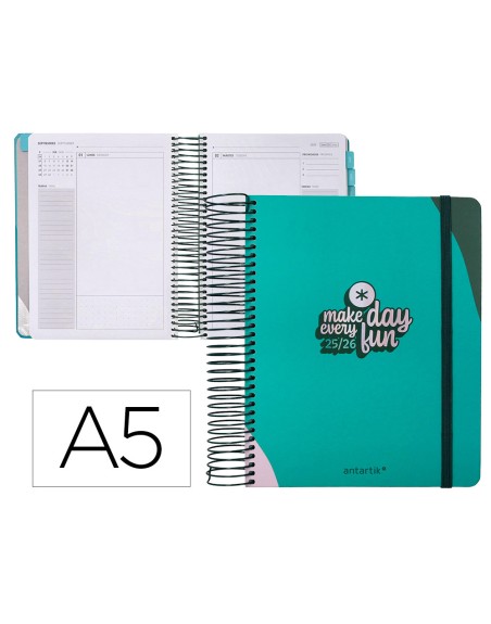 Agenda escolar antartik 25-26 espiral fun day turquesa dia pagina a5 bilingüe papel fsc 80 gr