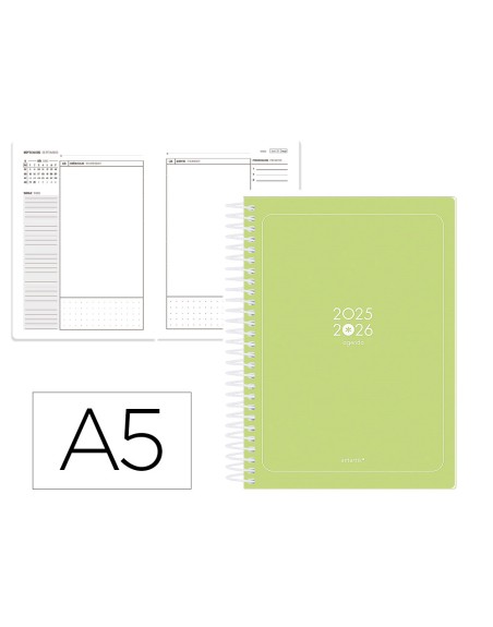 Agenda escolar antartik 25-26 espiral essentials verde lima dia pagina a5 bilingüe papel fsc 80 gr