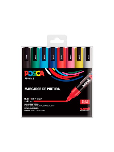 Rotulador uni posca pc-5m/8c marcador de pintura punta conica 1,8-2,5 mm estuche de 8 unidades colores basicos