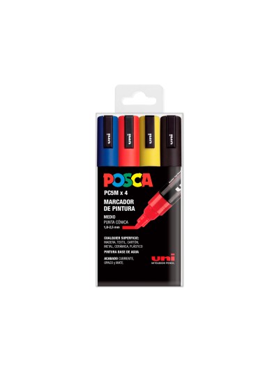 Rotulador uni posca pc-5m/4c marcador de pintura punta conica 1,8-2,5 mm estuche de 4 unidades colores basicos
