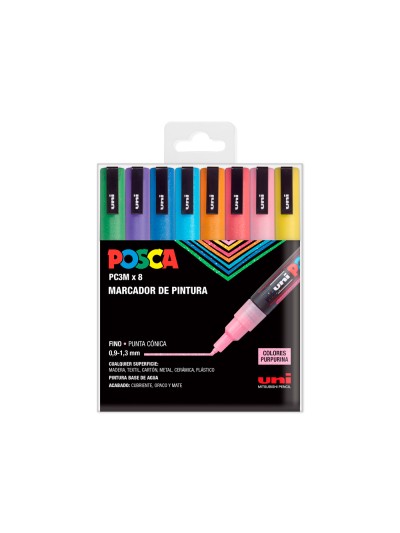 Rotulador uni posca pc-3m/8c marcador de pintura punta conica 0,9-1,3 mm estuche de 8 unidades colores purpurina