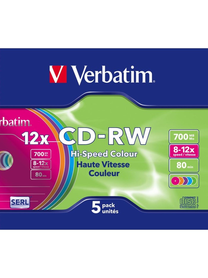 Verbatim cd - rw 700mb 8x - 10x tarrina 5 unidades slim colores Verbatim cd - rw 700mb 8x - 10x tarrina 5 unidades slim colores