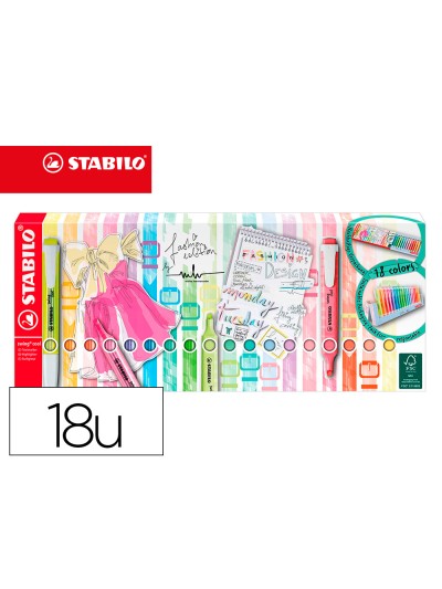 Rotulador stabilo fluorescente fino swing cool pastel desket estuche de 18 unidades colores surtidos