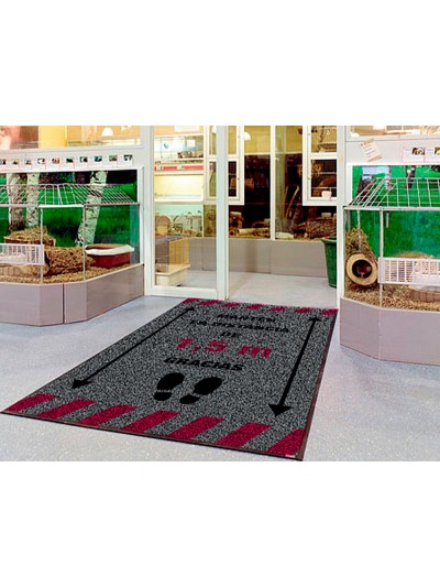 Alfombra para suelo de paso novus manten la distancia de 1,5 m gracias fondo gris 85x150 cm