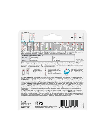 Clavo autoadhesivo tesa sujecion hasta 2 kg uso paredes pintadas removible blister de 2 unidades
