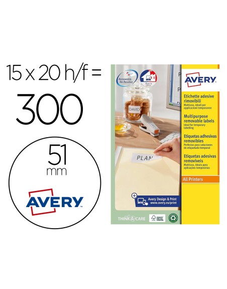 Etiqueta adhesiva avery blanca redonda removible para laser ink-jet fotocopiadora 51 mm caja de 375 unidades