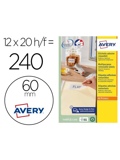 Etiqueta adhesiva avery blanca redonda removible para laser ink-jet fotocopiadora 60 mm caja de 240 unidades