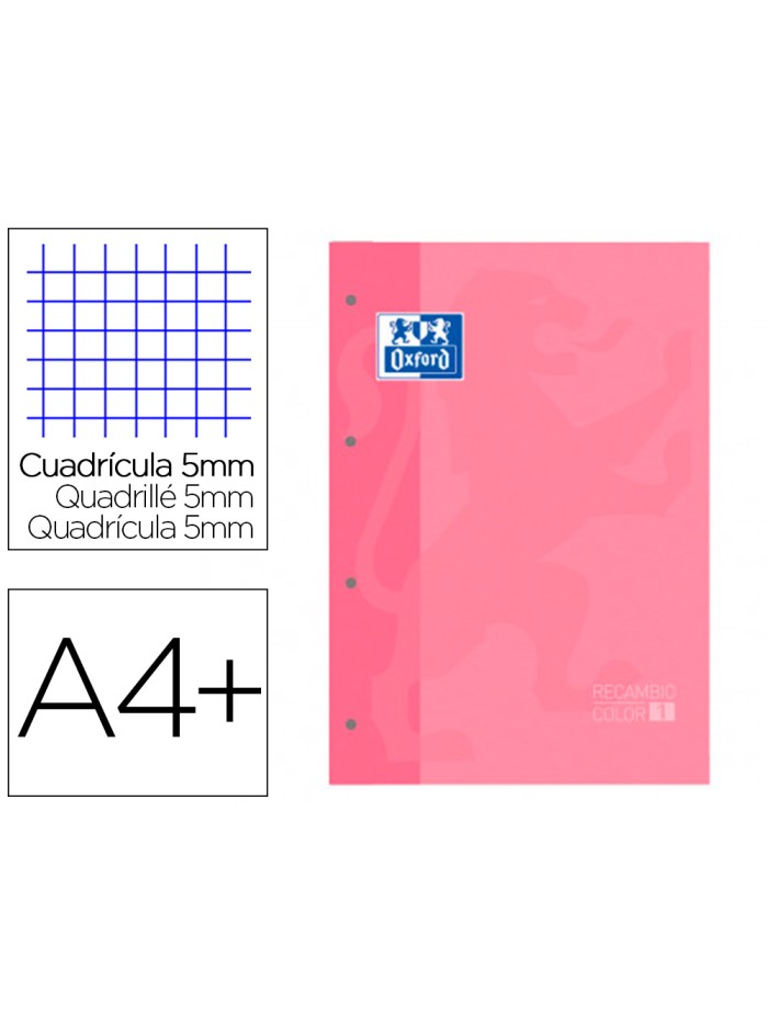 Recambio color 1 oxford din a4+ 80 hojas 90 gr cuadro 5 mm 4 taladros color rosa chicle Recambio color 1 oxford din a4+ 80 hojas 90 gr cuadro 5 mm 4 taladros color rosa chicle