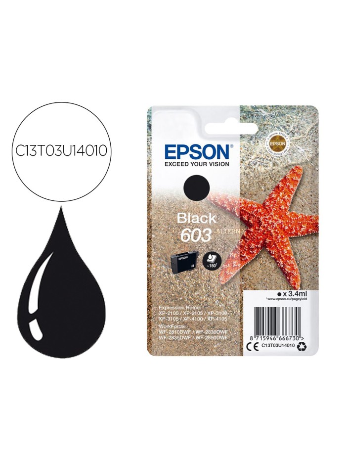 Ink-jet epson 603 xp-2100 / 2105 / 3100 / 4100 / wf-2810 / 2830 / 2835 / 2850 negro 150 paginas Ink-jet epson 603 xp-2100 / 2105 / 3100 / 4100 / wf-2810 / 2830 / 2835 / 2850 negro 150 paginas