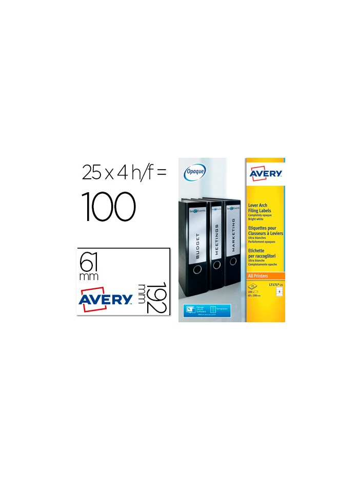 Etiqueta adhesiva avery permanente blanca 61x192 mm para lomo archivador laser caja de 100 unidades Etiqueta adhesiva avery permanente blanca 61x192 mm para lomo archivador laser caja de 100 unidades