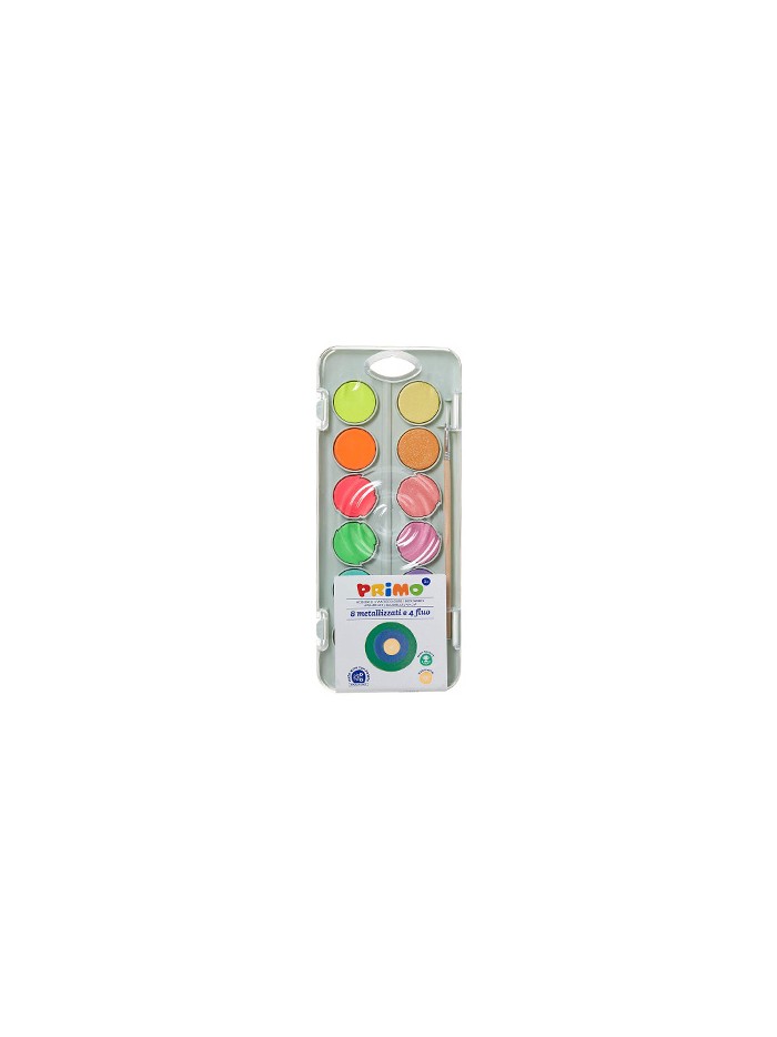Acuarela primo 8 colores metal + 4 colores neon con pincel y paleta de mezcla estuche de plastico Acuarela primo 8 colores metal + 4 colores neon con pincel y paleta de mezcla estuche de plastico