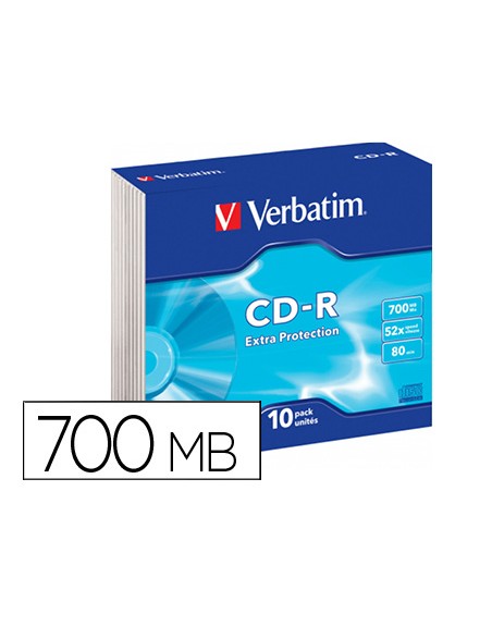 Cd-rom verbatim extra proteccion capacidad 700mb velocidad 52x 80 min pack de 10 unidades caja slim