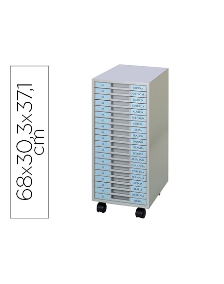 Archivador metalico clen 20 bandejas plastico de 2,5 cm de altura con ruedas color gris claro 680x303x371 mm