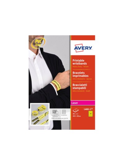 Pulsera identificativa avery polietileno amarillo fluorescente imprimible laser 265x18 mm pack de 50 unidades