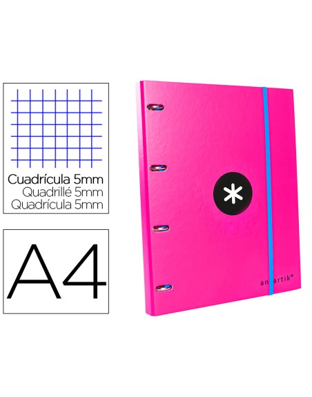 Carpeta con recambio antartik a4 cuadro 5mm forrada 4 anillas 25mm redondas color rosa