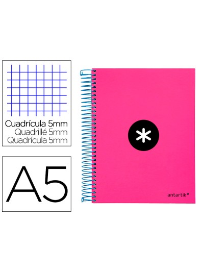 Cuaderno espiral a5 micro antartik tapa forrada 120h 90 gr cuadro 5mm 5 banda s 6 taladros color rosa