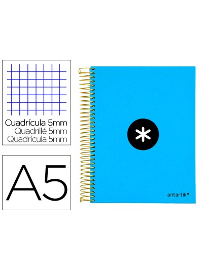 Cuaderno espiral a5 micro antartik tapa forrada120h 90 gr cuadro 5mm 5 bandas6 taladros color azul