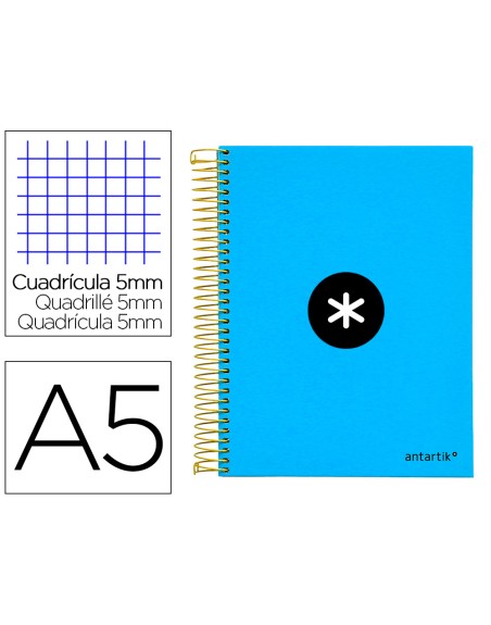 Cuaderno espiral a5 micro antartik tapa forrada120h 90 gr cuadro 5mm 5 bandas6 taladros color azul