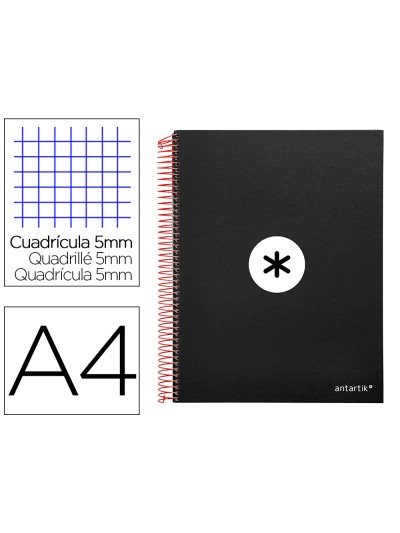 Cuaderno espiral a4 micro antartik tapa forrada 120h 90 gr cuadro 5mm 5 bandas 4 taladros color negro