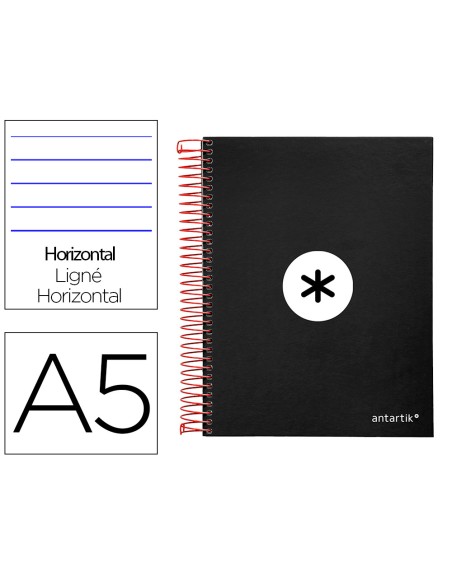 Cuaderno espiral a5 micro antartik tapa forrada 120h 90 gr horizontal 5 bandas 6 taladros color negro
