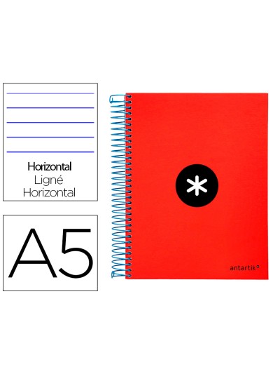Cuaderno espiral a5 micro antartik tapa forrada 120h 90 gr horizontal 5 bandas 6 taladros color rojo