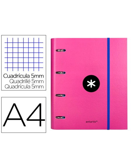 Carpeta con recambio antartik a4 cuadro 5mm forrada 4 anillas 40mm redondas con solapa color rosa