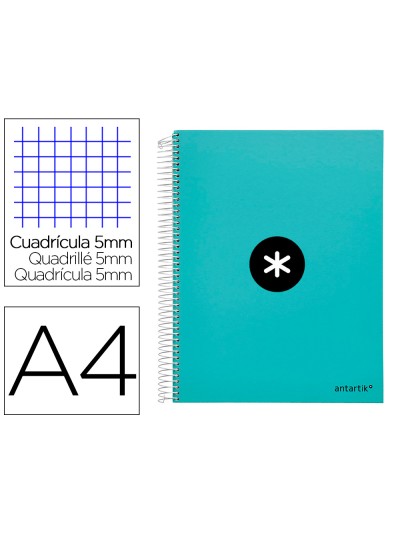 Cuaderno espiral a4 micro antartik tapa forrada 120h 90 gr cuadro 5mm 5 bandas 4 taladros color menta