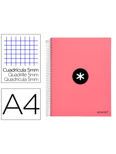 Cuaderno espiral a4 micro antartik tapa forrada 120h 90 gr cuadro 5mm 5 bandas 4 taladros color coral