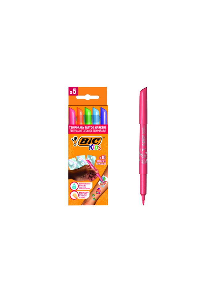 Rotulador bic kids tattoo caja de 5 unidades colores surtidos + 10 plantillas Rotulador bic kids tattoo caja de 5 unidades colores surtidos + 10 plantillas