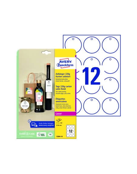 Etiqueta colgante avery blanca 60 mm diametro imprimible doble cara carton 220 gr pack de 120 unidades