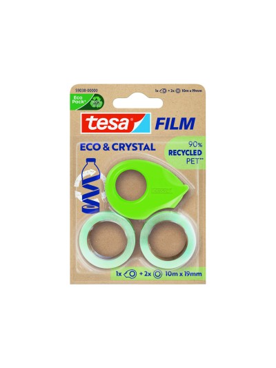 Cinta adhesiva tesa film eco&cristal transparente 10 mt x 19 mm blister de 2 unidades + miniportarrollo