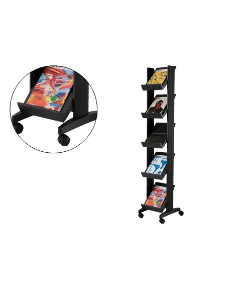 Expositor paperflow de suelo movil 5 estantes de 275x327mm color negro tamaño del expositor 350x1675x385 mm