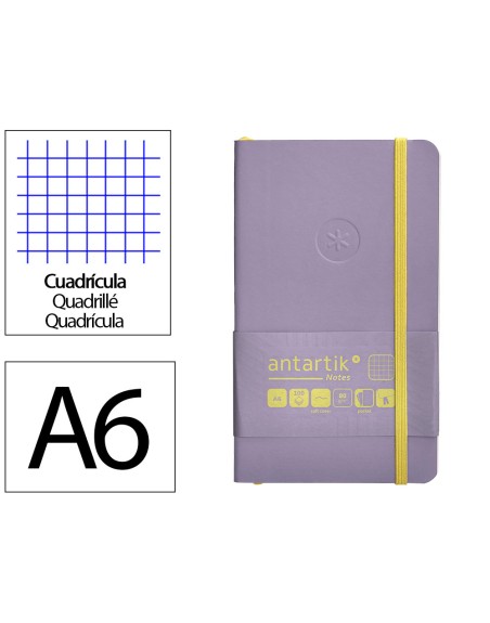 Cuaderno con gomilla antartik notes tapa blanda a6 cuadricula morado y amarillo 100 hojas 80 gr fsc