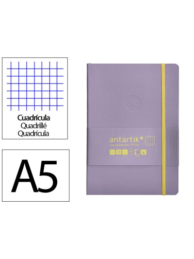 Cuaderno con gomilla antartik notes tapa blanda a5 hojas cuadricula morado y amarillo 80 hojas 80 gr fsc
