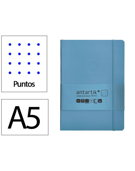 Cuaderno con gomilla antartik notes tapa blanda a5 hojas puntos azul claro 80 hojas 80 gr fsc